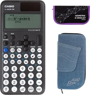 Produktbild von Casio FX-85 DE CW mit Jeans-Tasche hellblau, und Zirkelset lila