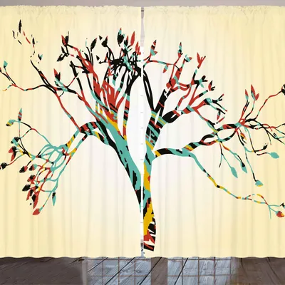 Image de Rideau moderne ARANDE, motif rétro vintage coloré sur fond noir abstrait avec feuilles et bourgeons, 280 x 225 cm, multicolore