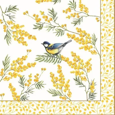 Produktbild von 20 Servietten Mimosa - Blaumeise an gelben Blumen 33x33cm