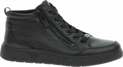 A black leather high-top sneaker with a side zipper and laces, shown from a side angle on a white background.