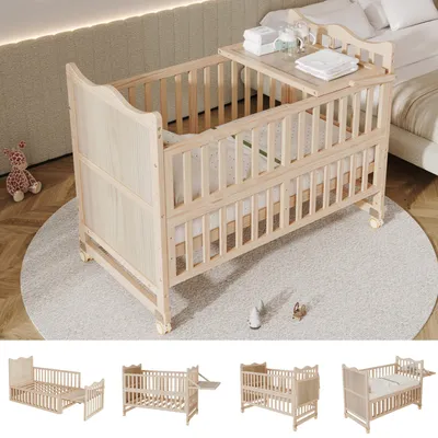Image de Lit parapluie Merax 60 x 120 cm, 3-en-1 : lit bébé avec table à langer, réglable en hauteur (3 positions), convertible en lit d'appoint, en bois de pin, finition naturelle