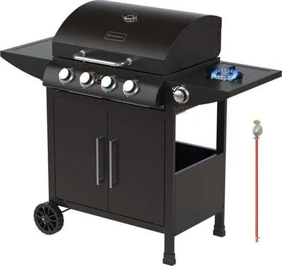 Produktbild von KitchenBrothers KitchenBrothers Gasgrill mit Seitenbrenner - 5 Brenner - Mit Gasanschluss - 42x57cm Grillfläche - Schwarz