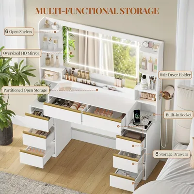 Obrázek produktu pro Kosmetický stolek - Toaletní stolek - Stolek na líčení - Moderní design - Velké zrcadlo - Bílá barva