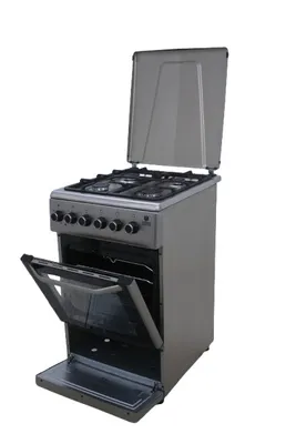 A silver gas stove with the oven door and the top lid open, isolated on a white background.