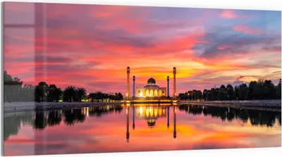 Produktbild von DEQORI Glasbild Echtglas 100x50 cm 'Moschee im Abendpanorama' Wandbild Bild modern Deko