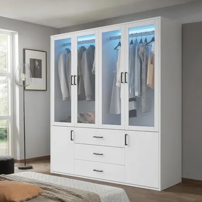 Imagen del producto de Armario REMZETTA de 160 x 51,8 x 180 cm, armario blanco de 4 puertas con paneles de vidrio transparentes, ideal para dormitorios y vestidores en espacios habitables modernos, Imagen generada por IA