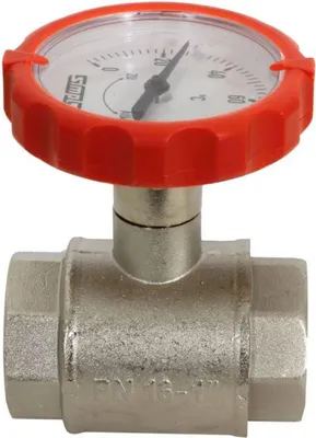 Produktbild von Muffen-Kugelhahn PN 16, G 1 1/4 Zoll mit rundem Thermometergriff (rot, Ø 63 mm)