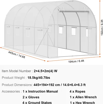 Productafbeelding van VEVOR kas met doorgangstunnel, ruim ontwerp, duurzaam stalen frame, 2x45x2 meter
