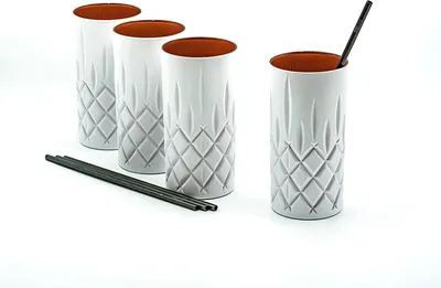 Image de Nachtmann Noblesse 4er-Set Set White Edition Longdrinkgläser 375 ml I spülmaschinenfest I Trinkglas coloured by EKM (weiß/kupfer) + 4er-Set EKM Living Trinkhalme schwarz