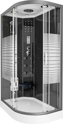 A modern, enclosed shower cabin with multiple features.
