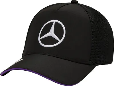 A black Mercedes-Benz cap with the Mercedes-Benz logo prominently displayed.