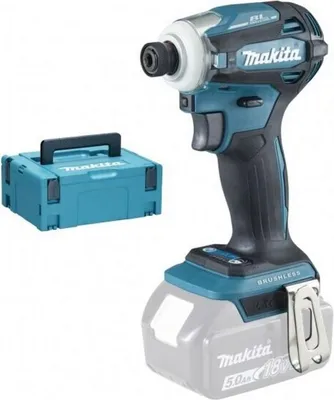 A teal and black Makita impact driver with a battery pack and a teal storage case.