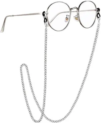 Produktbild von Unyqoos® Brillen- & Maskenkette silberfarben, 75 cm – aus feinem Kupfer mit schwarzem Anti‑Rutsch‑Gummiring, passend für Sonnen- & Lesebrillen