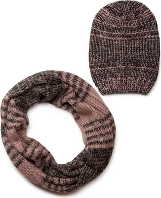 Produktbild von styleBREAKER Schal und Mütze Kombi Set, gestreifter Glattstrick Loop Schlauchschal mit Strick Beanie Mütze 01018204