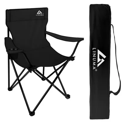Produktbild von LINUMA® Faltstuhl SCHWARZ Campingstuhl Anglerstuhl Getränkehalter & Tragetasche, Anglersessel klappbar Klappstuhl Gartenstühle faltbar Wacken Festival