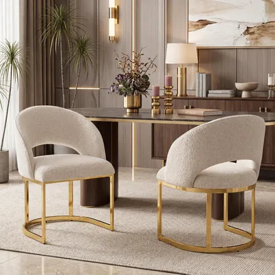 Produktbild von Flieks Esszimmerstühle 2er Set mit goldfarben galvanisierte Stuhlbeine, boucle, für Restaurants, Wohnzimmer, Küchenstühle, Polsterstühle, Beige+Gold