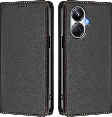 Image de Étui en cuir pour Realme 10 Pro+, étui à rabat magnétique en cuirPolyuréthaneavec support, noir