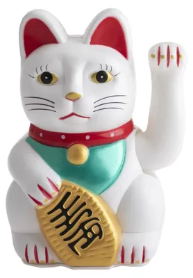 Maneki Neko Kat mit beweglichem Arm, 18 cm, Kunststoff, Weiß