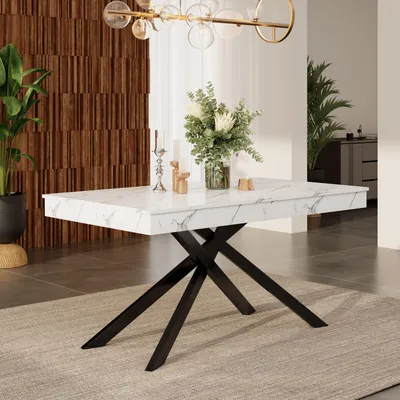 Produktbild von Ausziehbarer Esstisch,140/180*80 cm,geeignet für 6-8 Personen,rechte Form,verdickte Tischplatte, Metallbeine,Tisch für Esszimmer,Küche,Wohnzimmer,Weiß