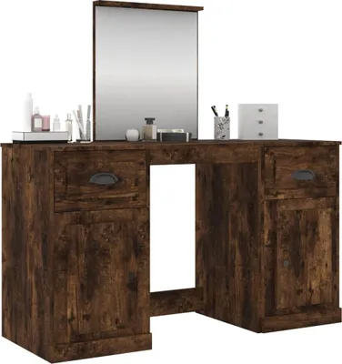 A vanity table with a mirror and drawers, set against a white background.