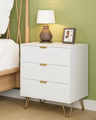 Productafbeelding van Nachtkastje met 3 lades, 60 x 40 x 70 cm, wit, met metalen handgrepen, voor de slaapkamer