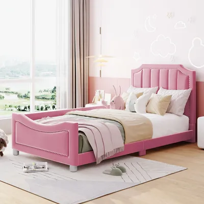 Produktbild von MODFU Kinderbett Polsterbett 90×200 cm mit Rückenlehne, Jugendbett Einzelbett Gästebett mit Kopfteil(Ohne Matratze), Flanellstoff Rosa