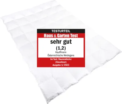 A white duvet is shown diagonally on a white background, with a red and black test report overlay.
