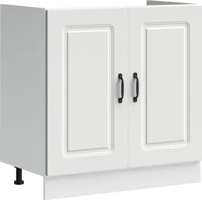A white kitchen base cabinet with two doors and black handles, shown from a front-side angle on a white background.