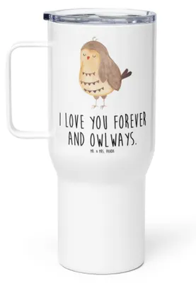 Produktbild von Mr. & Mrs. Panda Thermobecher Eule Zufrieden - Weiß - Geschenk, Owl, Hochzeitstag, Kaffee-to-go-Becher, Romantisch, Müde, thermosbecher, Teetasse, To-Go-Becher
