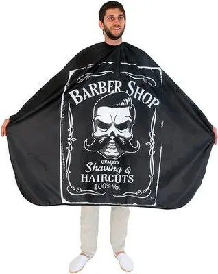 Zdjęcie produktu dla Peleryna fryzjerska barberska BARBER SHOP czarna 140x160  EUROSTIL  (zapięcie na haftke)