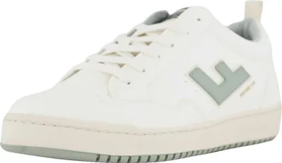 A white sneaker with a gray logo on a white background.