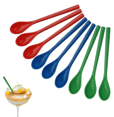 Produktbild von Löffel mit langem Griff - 9 Stück Set - Kunststoff-Rührlöffel für Kaffee, Cocktails, Joghurt und Desserts - Bunt