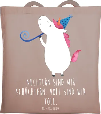 Produktbild von Mr. & Mrs. Panda Shopping Tasche Einhorn Party - Braun Pastell - Geschenk, Club, Tote Bag, Alkohol, Konfetti, Einkaufstasche, Laptoptasche, Geburtstag, Baumwolltasche