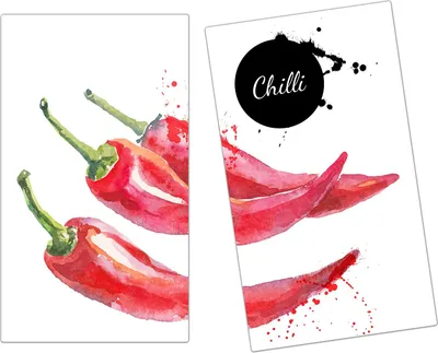 Produktbild von Spritzschutz Herdabdeckplatte Schneidebrett aus Glas Aquarell aus Chilischoten 2-Teilig (60x52cm)