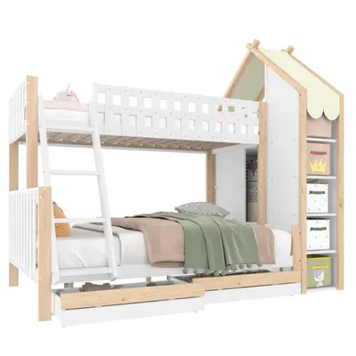 Produktbild von Etagenbett, 90x200cm+140x200cm, Bettgitter, Hausleiste, Leiter, 2 Schubladen, Unregelmäßiger Zaun, Ohne Matratze, Weiß+ Natur