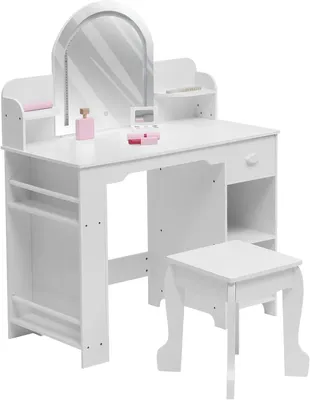 Immagine prodotto di Tavolino da trucco per bambini – Set con sgabello – 2 in 1 con libreria – Specchio illuminato – Ripiani aperti e cassetto – Bianco