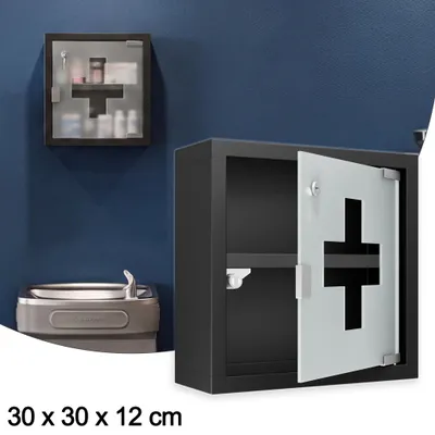 Obrázek produktu pro XMTECH Lékařská skříňka z nerezové oceli, rozměry 30x30x12 cm - Uzamykatelná skříňka na léky s matnou skleněnou dvířkou - Nástěnná lékárnička