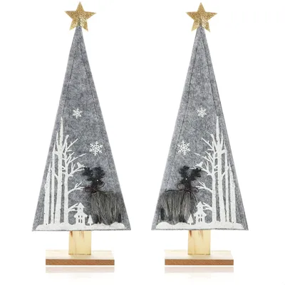 Imagen del producto de COM-FOUR®: 2 adornos decorativos para Navidad. Árbol de Navidad de fieltro con base de madera. Ideal como decoración para mesas y ventanas