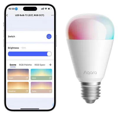 A smartphone screen displaying controls for a smart LED bulb, next to the actual LED bulb.