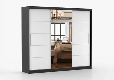 Produktbild von Schwebetürenschrank ABLA II 250 cm, Kleiderschrank 3-türig mit Spiegel, Schlafzimmerschrank Schwarz/Weiß, Regale & Kleiderstange