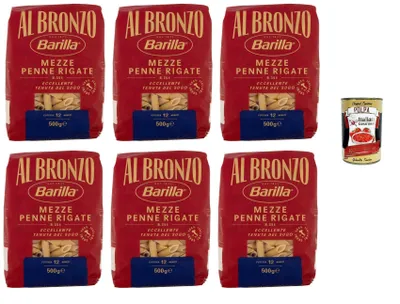 Produktbild von Barilla Al Bronzo Mezze Penne Rigate N.354 6x500g – 3 kg Vorrat, extraraue Bronze-Textur für maximalen Saucenhalt, al dente in 12 Min., 100% Hartweizengrieß – aus Italien + Italian Gourmet polpa