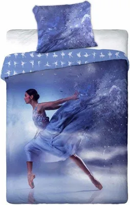 A ballet dancer in a blue dress is depicted on a duvet cover and pillowcase.