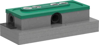 A 3D rendering of a plumbing component, likely a shower drain housing, with a green top and gray body, mounted on a layered gray base.