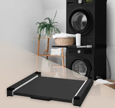 Produktbild von ML-Design Zwischenbaurahmen mit Ausziehplatte aus Stahl, 60x60 cm, Schwarz, Verbindungsrahmen für Waschmaschine/Trockner, Zwischenbausatz mit Auszug