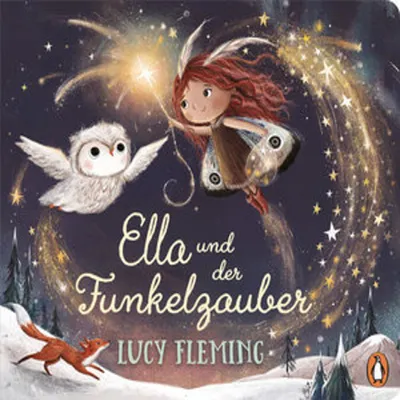 A whimsical illustration of a girl with butterfly wings and an owl flying in a starry night sky, with a fox running in the foreground.