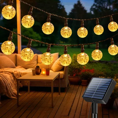 Solar-Lichterkette 15 m, 50 warmweiße LED-Kristallkugeln, IP65, 8 Modi