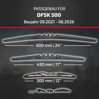 Produktbild von HEYNER® Scheibenwischer Komplettset für DFSK 500 09.2021 - 08.2026, HYBRID Flachbalkenwischer, Aerodynamisch & Flexibel, Nanographitbeschichtung