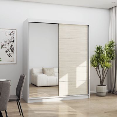 Schwebetürenschrank Kleiderschrank Schrank Schiebetürenschrank 160 cm Weiss/Sonoma Eiche mit Spiegel Bono 05