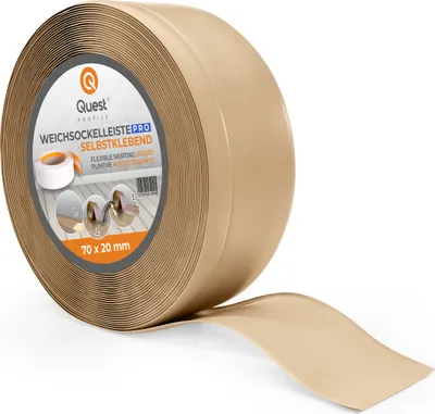 Produktbild von QUEST Weichsockelleiste 70x20mm, 25m, Flexibel Bodenleiste, Knickleiste, PVC Sockelleiste Knickleiste aus PVC Kunststoff, Flexible Fußleiste, sand