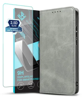 Produktbild von Handyhülle für Xiaomi Redmi Note 14 5G mit 9H Displayglas Kunstleder Flip Cover Hülle Klapphülle Case Kartenfach Farbe: Grau